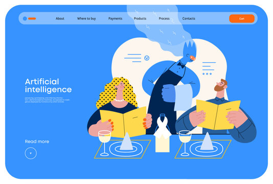 Artificial intelligence, Waiter -modern flat vector concept illustration of waiter AI taking order, giving advice on choosing in restaurant. Metaphor of AI advantage, superiority and dominance concept