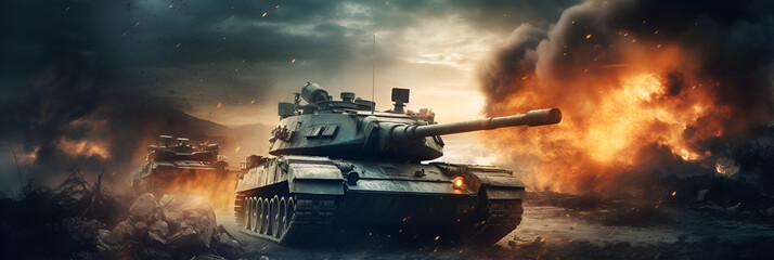 a army tank goes back into place with lots of smoke. Generative AI.