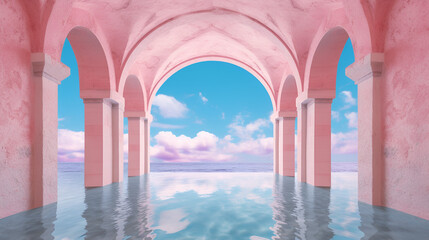 a pink landscape with an underwater lake. Generative AI.