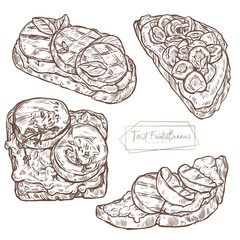 Fototapeta premium Toasts with peach, cherries and different toppings. Healthy breakfast meal. Set of vector illustrations isolated on light background. Hand drawn. Vintage style.
