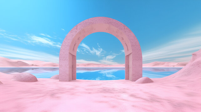 abstract pink desert desert with open water. Generative AI.