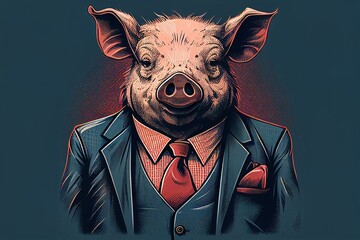 A Stylised Illustration of a Greedy Pig Who Works in the City Finance Financial Sector Depicting an Evil Banker or Mob Boss on a Dark Background - obrazy, fototapety, plakaty