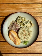 dori fish orange rice + spinach chips, sambal matah