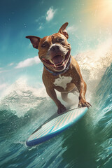 cooler fr&ouml;hlicher Staffordshire Bullterrier Hund beim surfen auf einem Surfboard im Meer mit gro&szlig;en Wellen in Action. Hochformat. Hochkant. Generative Ai.