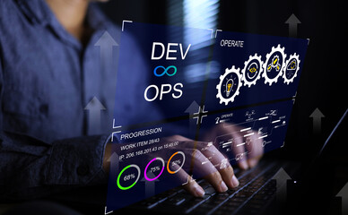 DevOps software developer IT operation engineer work with agile gestures as programer development...