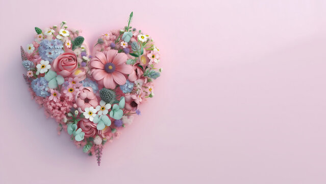 heart made of flowers and plants in pastel colors, creative idea self-care. Generated AI