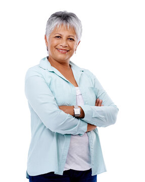 Portrait of mature woman, arms crossed and isolated on transparent png background with confidence and pride. Happy senior lady, standing proud and confident with smile, happiness and casual fashion.