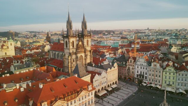 Scenic Aerial View of the Old Town Captured in a Breathtakin. Marienplatz Square and Enchanting Prague. Drone Shot. Panoramic Fly Around Old Town the Capital of the Czech Republic