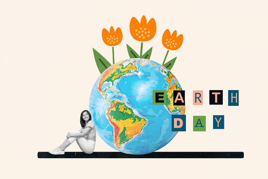 Abstract creative photo collage of good mood positive woman sitting near earth globe celebrate earth day isolated white color background