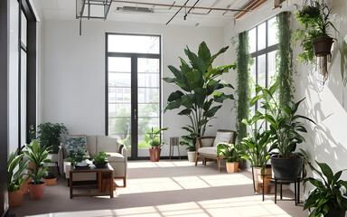 Fototapeta premium Empty room indoor interior with flowers plants decor
