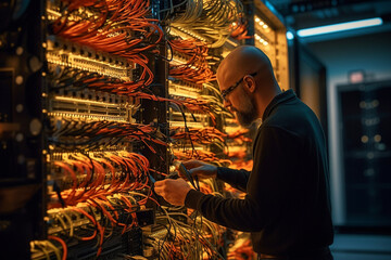 A network engineer connecting cables in a data center, computer technology, IT technology Generative AI - obrazy, fototapety, plakaty