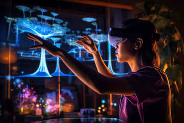 A person using augmented reality (AR) glasses to interact with virtual objects, computer technology, IT technology Generative AI