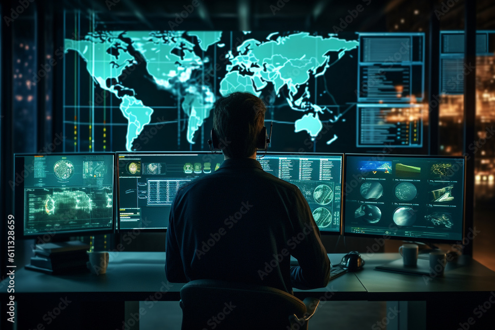 Poster a cybersecurity expert monitoring network traffic on a large screen, computer technology, it technol