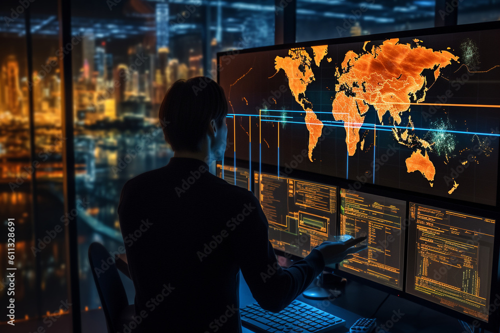 Poster a cybersecurity expert monitoring network traffic on a large screen, computer technology, it technol