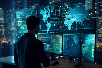 A cybersecurity expert monitoring network traffic on a large screen, computer technology, IT technology Generative AI