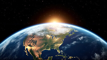 Satellite view of blue Planet Earth Stock Photo from outer space at sunrise or sunset Stock Illustration 