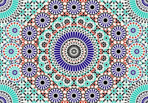 Moving hypnotic Arabic pattern mosaic video illustration. Seamless spiral and slow rotation. Red blue and green colors. Video animation 4K  