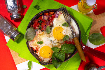 Shakshuka, Fried Eggs with Tomato Sauce and vegetables in Portioned Frying Pan. Tasty Middle...