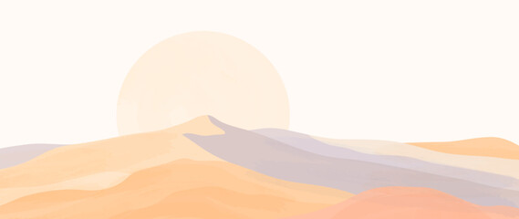Abstract nature landscape background with watercolor testuro. Wallpaper in minimalist style with desert, sand, sun. For print, interior, wall art, decor, covers and banners.