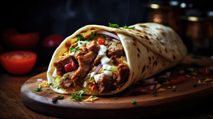 Delicious shawarma served on wooden board on table in cafe. Grilled pita wrapping chicken meat and fresh vegetables with sauce generative AI. - obrazy, fototapety, plakaty