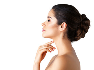 Beauty, skincare and makeup with profile of woman on transparent background for cosmetics, spa and...