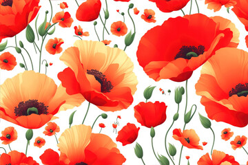 Abstract flowers background, red poppies flowers pattern on white wallpaper. Generative AI.