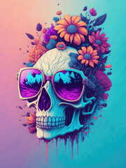 Fancy smiling skull in sunglasses with fantasy flowers around, , vintage style flat sticker t-shirt  illustration. Generative Ai.