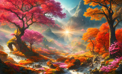 Fototapeta na wymiar An autumn colorful landscape, beautiful orange red trees in the forest near river. Generative Ai.