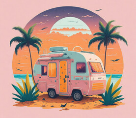Retro caravan in the ocean with a sunset palm, vintage style flat sticker t-shirt  illustration. Generative Ai.