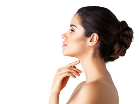 Beauty, skincare and makeup with profile of woman on transparent background for cosmetics, spa and natural. Thinking, vision and health with face of model on png for glow, self care and dermatology