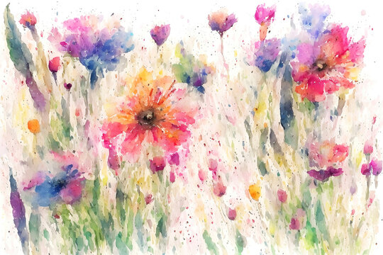 Watercolors flowers background, abstract flowers made from watercolor paint splashes, wet on wet and splattering style. Generative AI.