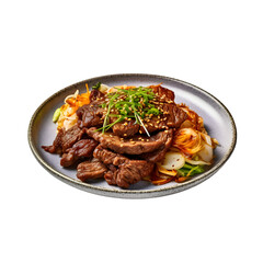 Traditional Korean Bulgogi dish. Thinly sliced ​​beef, served on a pretty plate, with vegetables