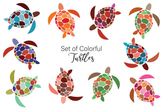 Colorful seamless pattern with bright sea turtles. Bright background with cute cartoon colorful turtles on a white background.