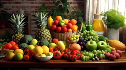 Fresh tropical fruits in basket and plate on wooden table. Abundance of healthy vegan products prepared in rustic kitchen at home generative AI.
