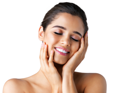 Face, self love or beauty of happy woman with skincare isolated on transparent png background. Dermatology cosmetics, smile or beautiful girl grooming with facial care, glowing shine or wellness