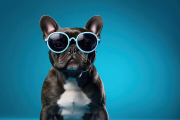 Obraz na płótnie Canvas Cute and happy french bulldog dog wearing cool sunglasses in summer on a colorful background. Generative Ai