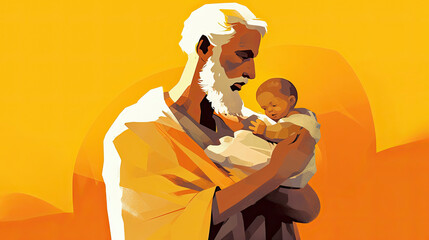 Colorful painting art portrait of Abraham with his son Isaac. Yellow background. Generative AI.