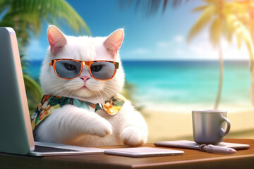 A white cat wearing cool sunglasses On vacation, watching laptop, doing morning work on the beach by the sea. Generative Ai