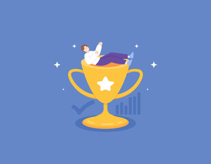 A champion and a winner. An employee gets the best employee award. successful businessman. Happy to get a trophy. achievements and rewards. illustration concept design. vector elements. blue