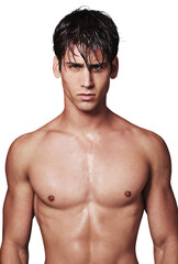 Fototapeta premium Isolated man, portrait and shirtless with muscle, healthy body and glow in youth by transparent png background. Young guy, bodybuilder and beauty with wellness, health and self care with serious face