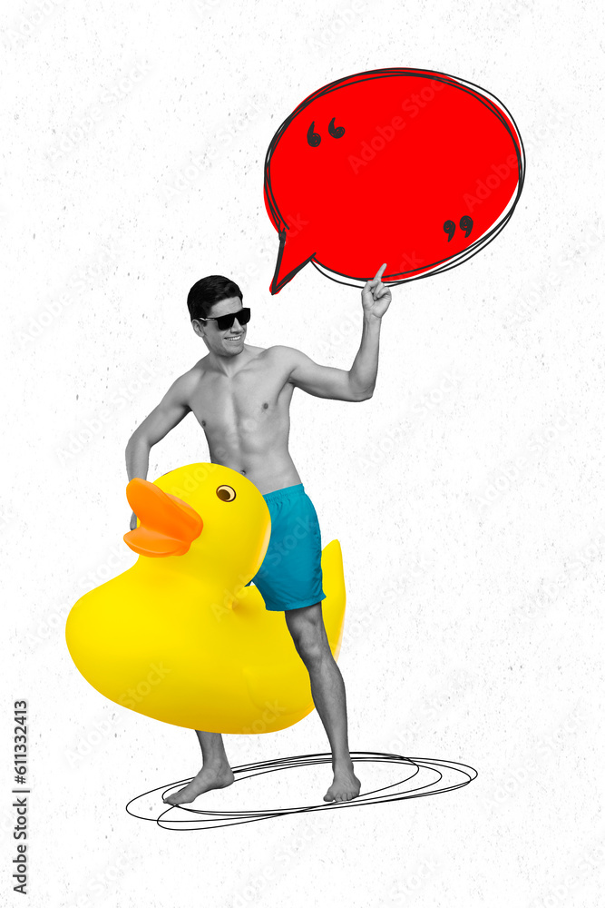 Sticker collage minimal picture of funky guy riding duck announcing empty space isolated white color backgro