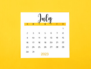The July 2023 Monthly calendar for 2023 year on yellow background.