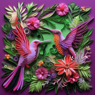 Whimsical Quilled Hummingbirds: Floral Garden. Created using generative AI tools