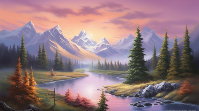 Serene Mountain Landscape: Breathtaking Nature Scenes Stock Photo with Snow-Capped Peaks, Green Valleys, and Crystal-Clear Rivers at Sunset, sunset in the mountains, Generative AI