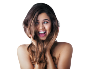 Hair, wow and excited young woman isolated on transparent png background for salon results, discount or deal. Surprise, beauty and happy person or model smile for hairdresser treatment, news or promo