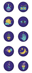 magic vector icon set with purple background and round shape