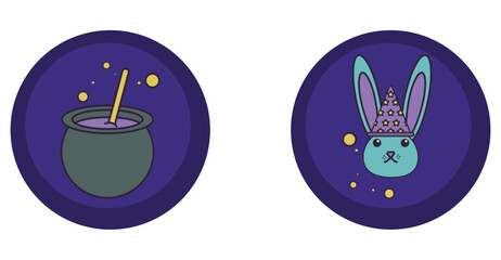 magic vector icon set with purple background and round shape