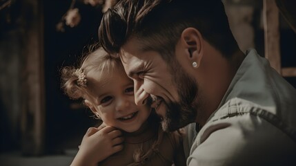 Fictional Persons. Radiating happiness, genuine picture of a father and child spreading joy to the world - obrazy, fototapety, plakaty
