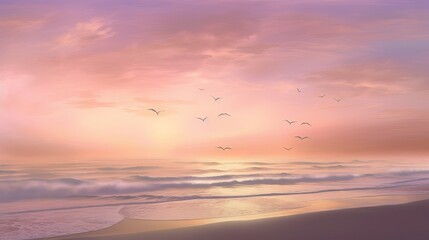 Fototapeta premium Tranquil Sunrise Beach: Serene Nature Scene with Pink, Purple, and Orange Sky, sunset over the ocean, beach wallpaper, Generative AI