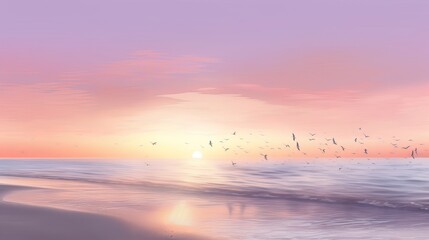 Fototapeta na wymiar Tranquil Sunrise Beach: Serene Nature Scene with Pink, Purple, and Orange Sky, sunset over the sea, beach wallpaper, Generative AI